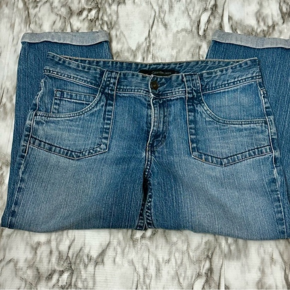 Calvin Klein Blue Ankle Cropped Jeans Sz 14 Normcore Cuffed Comfy Denim Med Wash